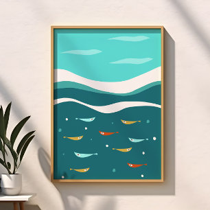 Poster Meio século Moderno de Ondas no Oceano de Verão