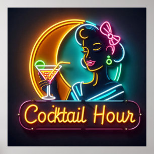 Poster Meio século Neon Sign Cocktail Hour Mulher