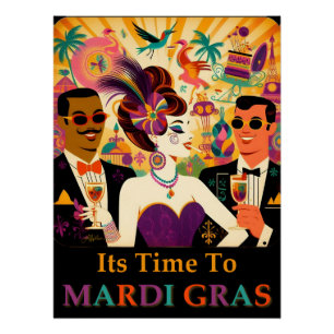 Póster Meio século Retro 60s Mardi Gras Cocktail Party
