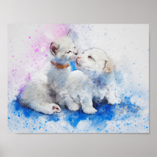 Poster Meios gatinho da mistura da aguarela & beijos do