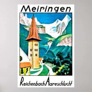 Poster Meiringen, aldeia, Suiça, viagens vintage
