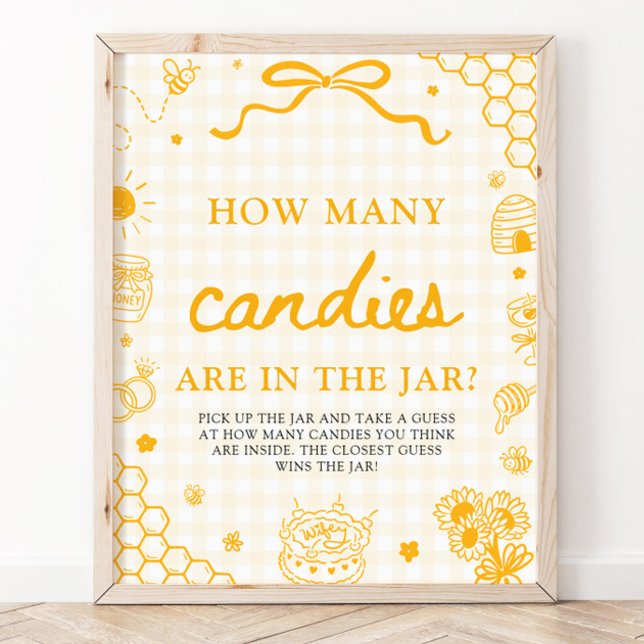 Poster Mel Abeelha Xadrez Amarelo Adivinhe Quantos Doces (Yellow Gingham Honey Bee Guess How Many Candies Game Sign)