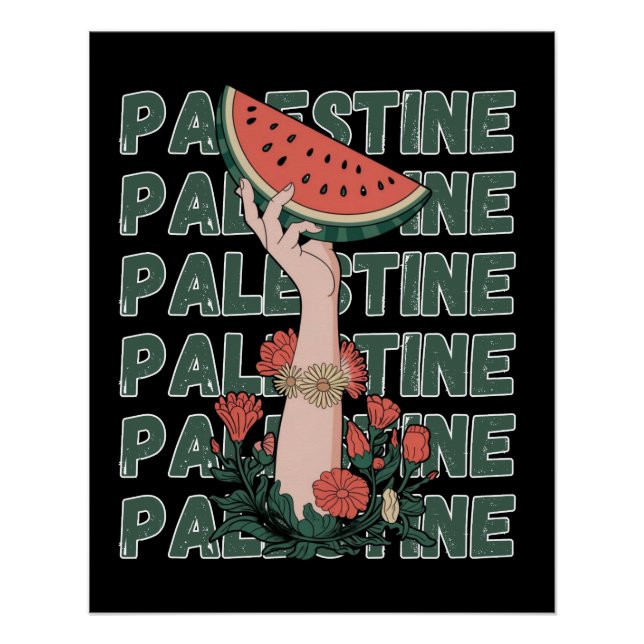 Póster melancia, flores e texto palestino Repetir (Frente)