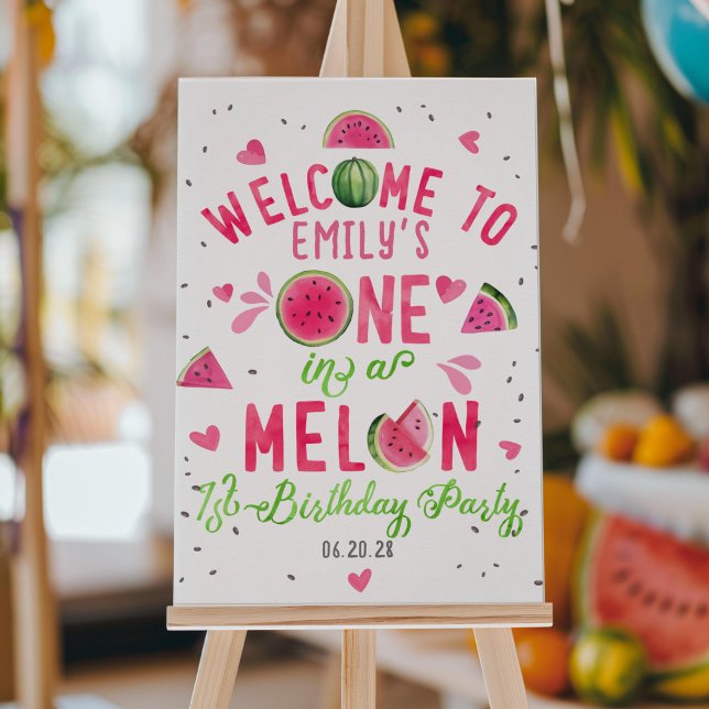 Póster Melancia rosa, um em um sinal de boas-vindas (pink one in a melon, girl summer 1st birthday welcome sign, birthday party decor.)