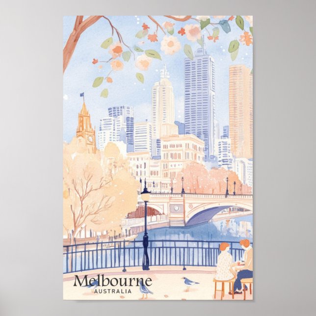 Poster Melbourne Austrália Gouache Viagem (Frente)