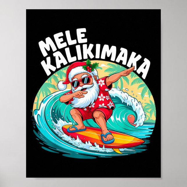 Poster Mele Kalikimaka Hawaiian Christmas Santa Surfing B (Frente)
