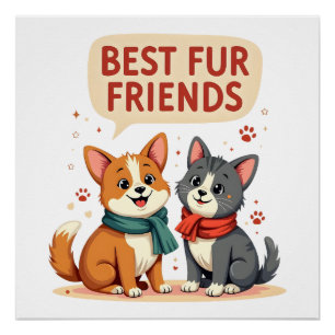 Póster Melhores Amigos de Pelos Vintage Gato e Cachorro C