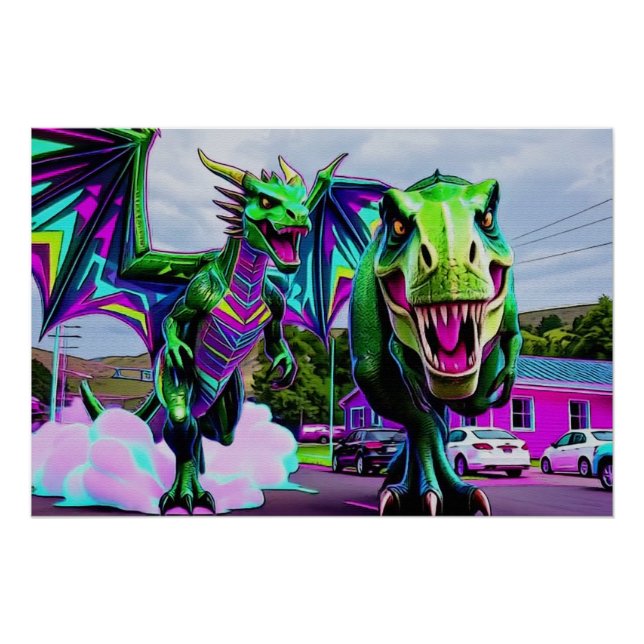 Póster Melhores Amigos - Dragão e Dinossauro Caminhando (Frente)