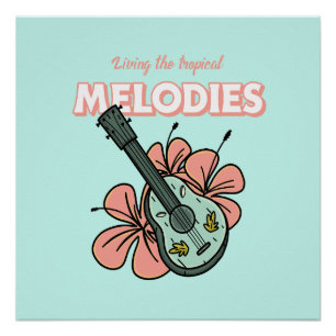 Póster Melodias Tropicais Ukulele Arte Floral