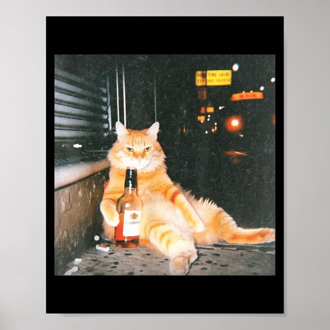 Poster Meme de Gato Bêbado Antigo na Rua Noturna Gato Eng (Frente)