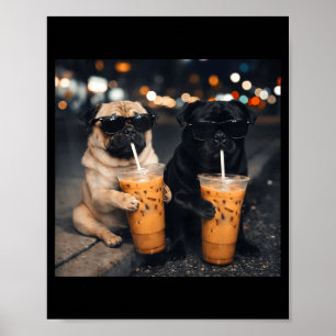 Poster Meme engraçado de dois pugs bebendo café gelado 