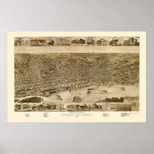Póster Memphis, mapa panorâmico do TN - 1887