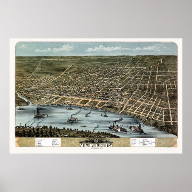 Póster Memphis, Mapa Panorâmico TN - 1870 (Frente)