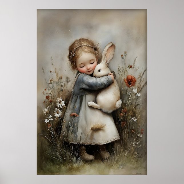 Poster Menina Abraça Coelho Imprimível, Coelho Rústico (Frente)