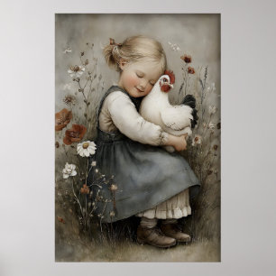 Poster Menina Abraça Frango Imprimível, Galo Rústico