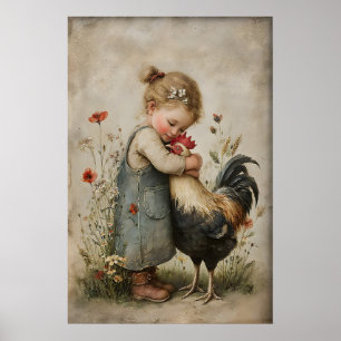 Poster Menina Abraça Galo Imprimível, Frango Rústico