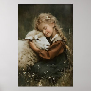Poster Menina Abraça Uma Ovelha Impressão, Berçário de Fa