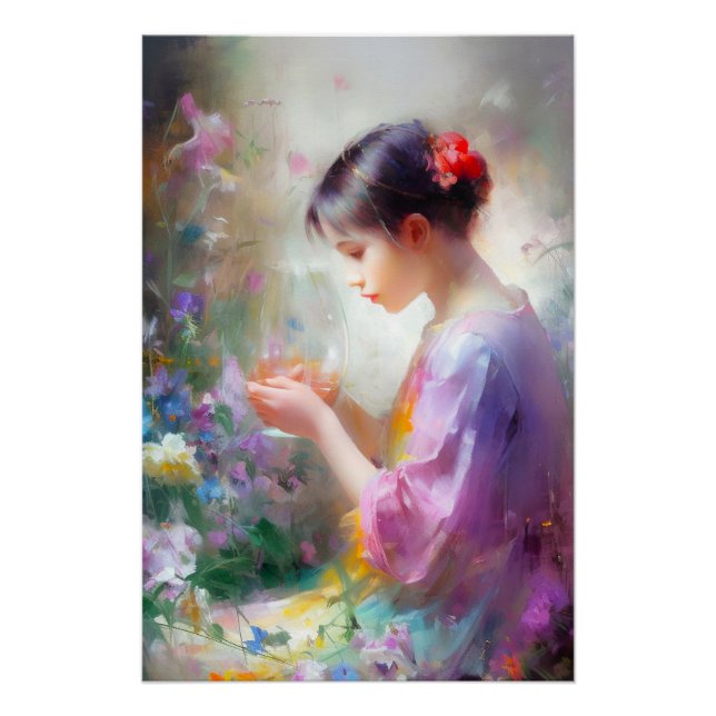 Póster Menina admirando uma flor em suas mãos  (Frente)
