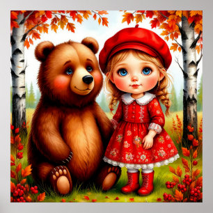 Poster Menina Adorável e Urso em Floresta Caprichosa