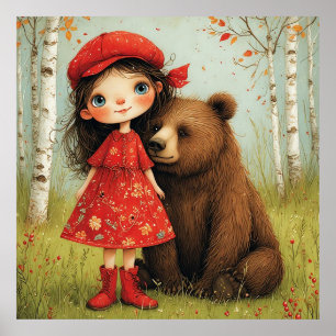 Poster Menina Adorável e Urso em Floresta Caprichosa