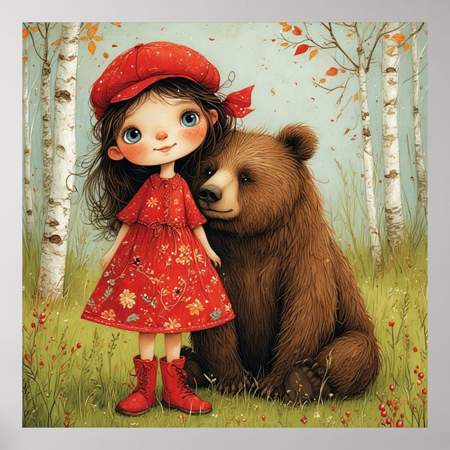 Poster Menina Adorável e Urso em Floresta Caprichosa (Frente)