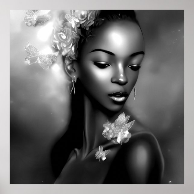 Poster Menina Africana Preto Branco Borboleta 2 monocromá (Frente)