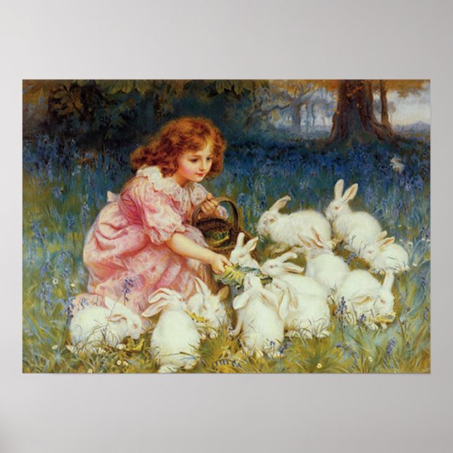 Poster Menina alimentando coelhos brancos (Frente)
