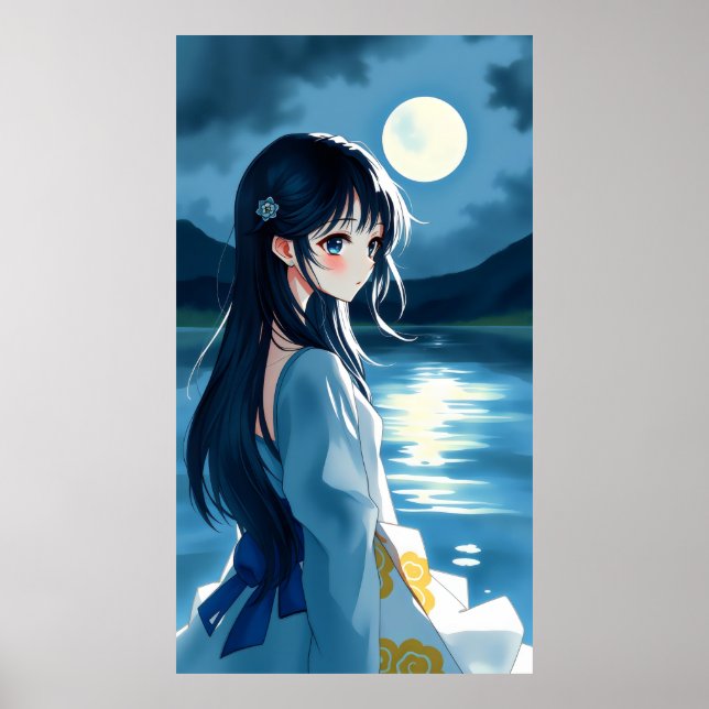 Poster menina animada com lago lua e pincelada fluida (Frente)