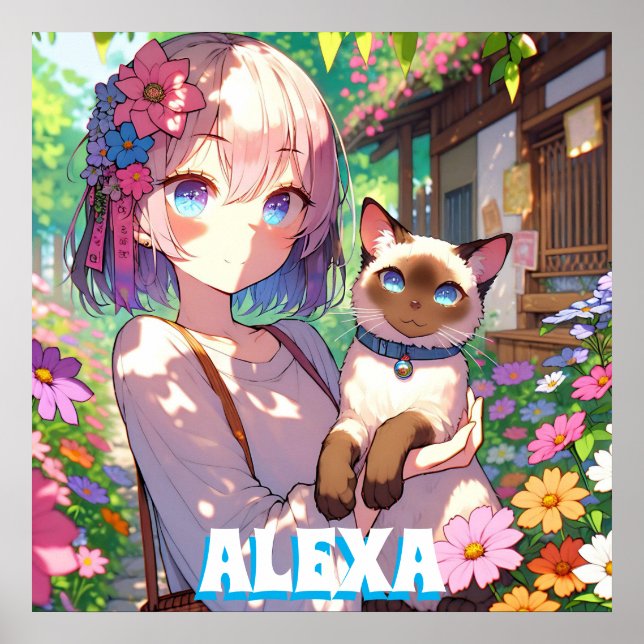 Poster Menina Anime e Gato Siames Personalizado (Frente)