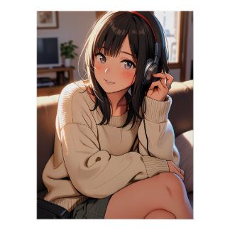 Póster Menina Anime Fones de Ouvido Música Estética Arte