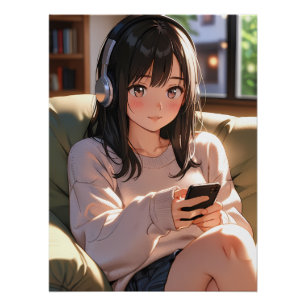 Póster Menina Anime Lofi Aconchegante Fones de Ouvido Vib