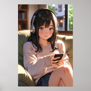 Poster Menina Anime Lofi Aconchegante Fones de Ouvido Vib
