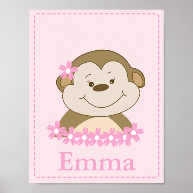 Póster Menina Arte Impressa para Quarto de Bebê Macaco Ba (Frente)