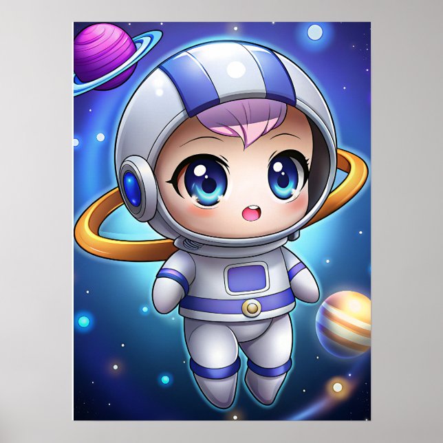 Poster Menina Astronauta Chibi Fofa Exploradora Espacial  (Frente)