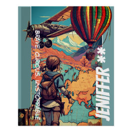 Póster Menina Aventureira, Tema de Viagem Personalizado