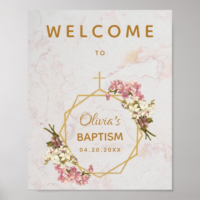 Poster Menina Baptismo Floral Marble Orquídeas Douradas B (Frente)