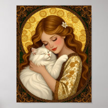 Menina Bonita Abraça Gato Branco Fofinho Art Nouve