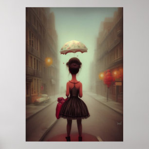 Poster Menina bonita caminhando para casa do guarda-chuva