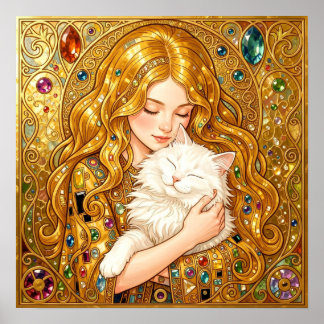 Poster Menina Bonita Com Gato Arte Nova Estilo Gustav Kli