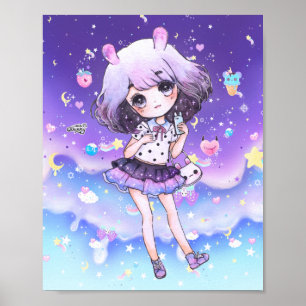 Póster Menina bonita de chibi na galáxia pastel de kawaii