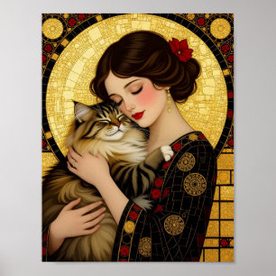 Poster Menina Bonita e Gato Fofo Art Nouveau Gustav Klimt