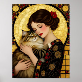 Poster Menina Bonita e Gato Fofo Art Nouveau Gustav Klimt