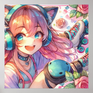Poster Menina bonito de animação em skates