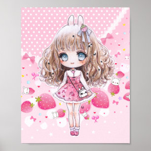 Poster Menina bonito do chibi com morangos do kawaii