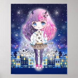 Póster Menina bonito do chibi em uma cidade das estrelas