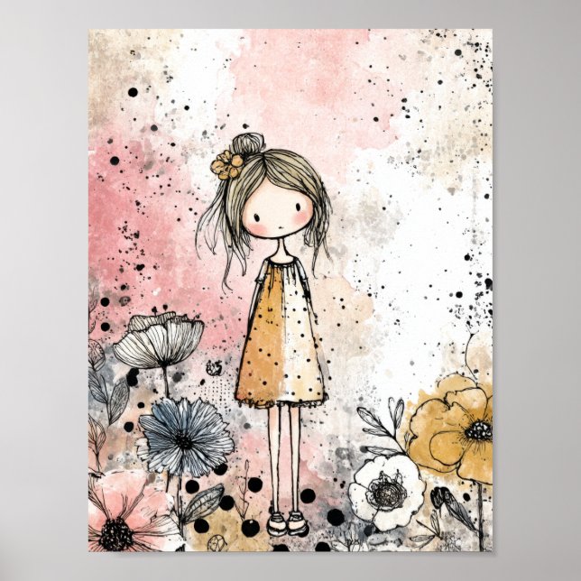 Poster Menina Caprichosa Aquarela com Acentos Florais (1) (Frente)