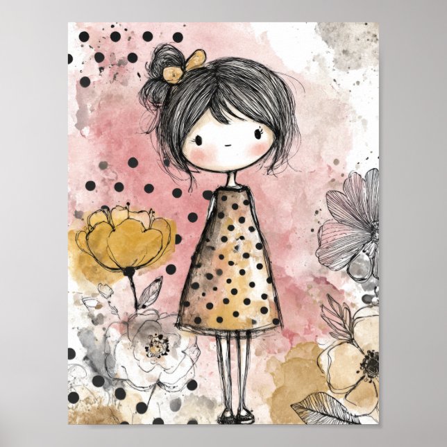 Poster Menina Caprichosa Aquarela com Acentos Florais (10 (Frente)