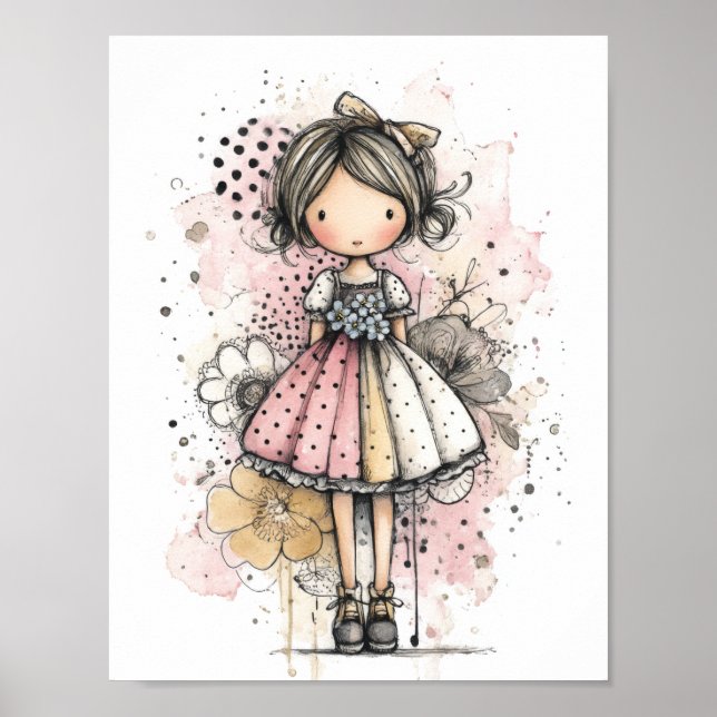 Poster Menina Caprichosa Aquarela com Acentos Florais (3) (Frente)