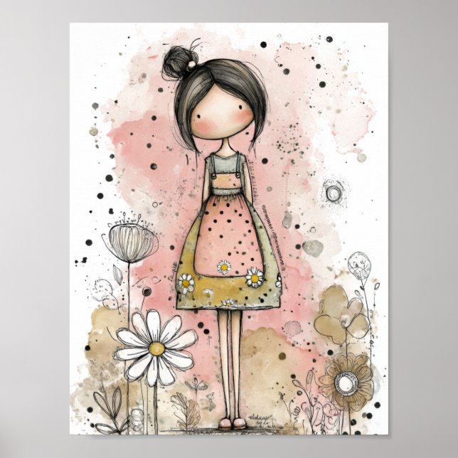 Poster Menina Caprichosa Aquarela com Acentos Florais (4) (Frente)