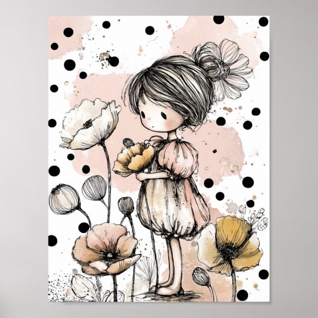 Poster Menina Caprichosa Aquarela com Acentos Florais (5) (Frente)